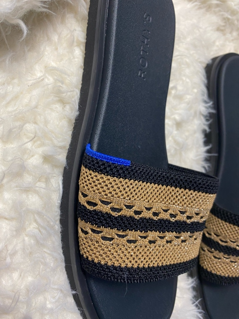 Rothy's Black and Gold Weave Slide Sandals - Picture 4 of 10